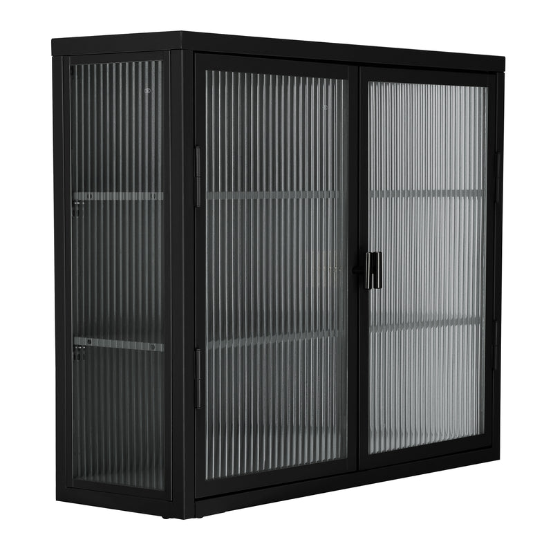 Retro Style Haze Double Glass Door Wall Cabinet With Detachable Shelves for Office, Dining Room,Living Room, Kitchen and Bathroom Black