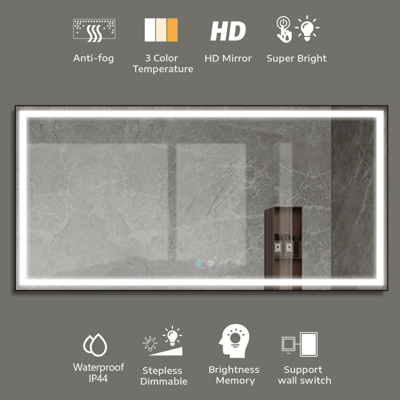 72 x 36 LED Mirror for Bathroom, LED Vanity Mirror, Adjustable 3 Color, Dimmable Vanity Mirror with Lights, Anti-Fog, Touch Control Wall Mounted Bathroom Mirror,Vertical