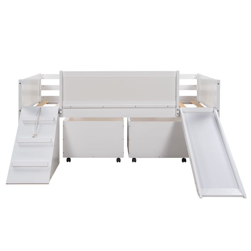 Twin size Low Loft Bed Wooden Bed with Two Storage Boxes