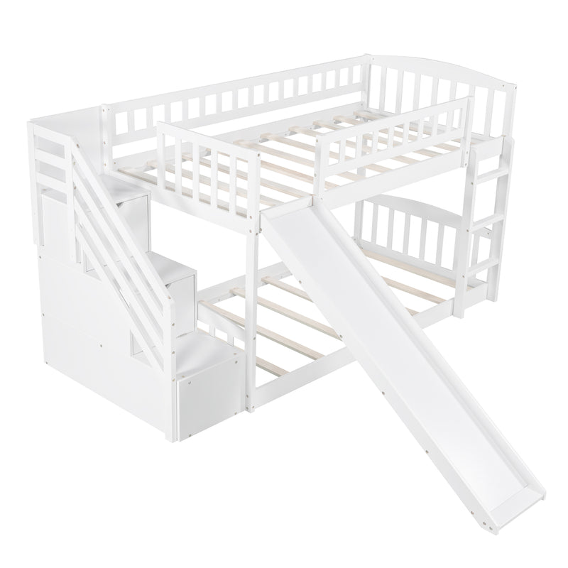 Stairway Twin over Twin Bunk Bed with Two Drawers and Slide