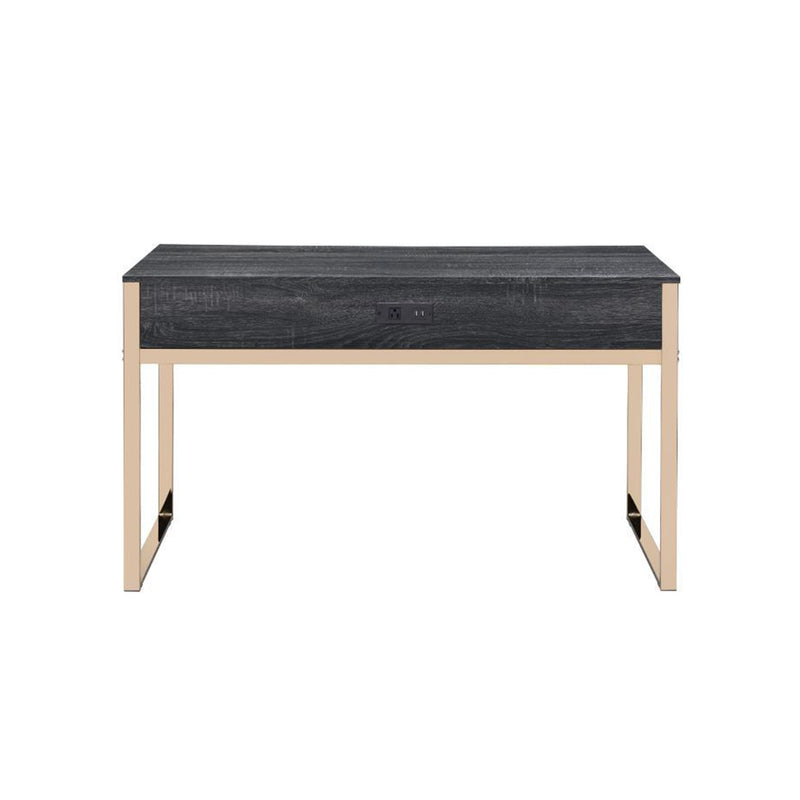 Metal Frame Wood Writing Desk, Computer Table with 2 Drawers in Champagne Gold & Black Finish
