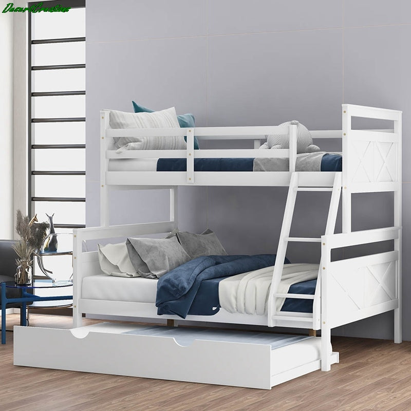 Twin Over Full Bunk Bed With Ladder, Twin Size Trundle, Safety Guard Rail Bunk Bed For Bedroom