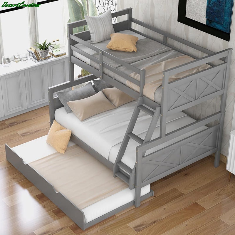 Twin Over Full Bunk Bed With Ladder, Twin Size Trundle, Safety Guard Rail Bunk Bed For Bedroom