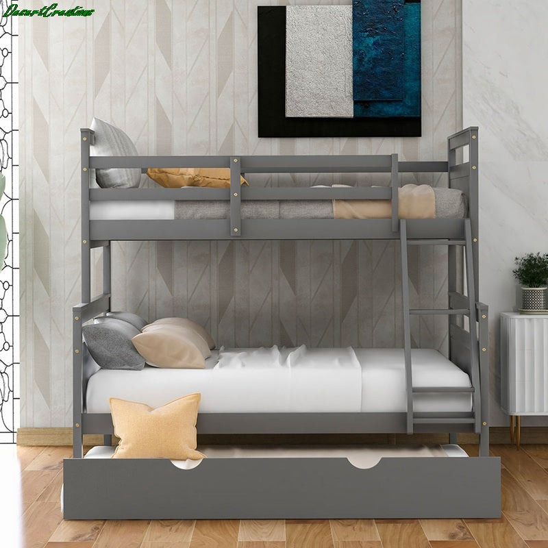 Twin Over Full Bunk Bed With Ladder, Twin Size Trundle, Safety Guard Rail Bunk Bed For Bedroom