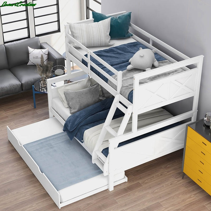 Twin Over Full Bunk Bed With Ladder, Twin Size Trundle, Safety Guard Rail Bunk Bed For Bedroom