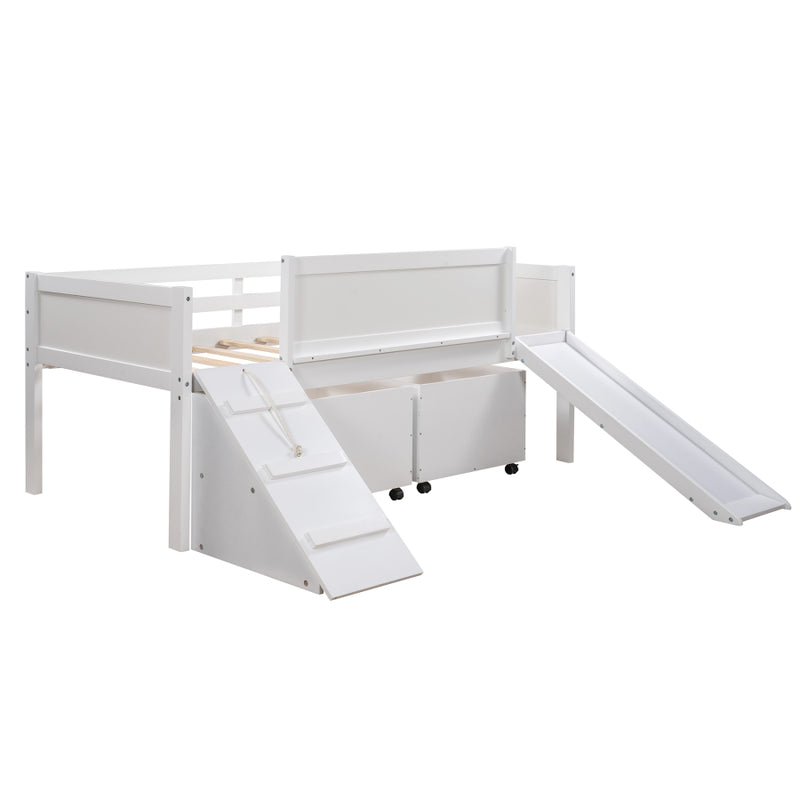 Twin size Low Loft Bed Wooden Bed with Two Storage Boxes-White