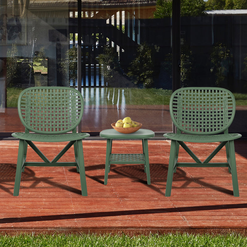 3 Pieces Hollow Design Retro Patio Table Chair Set All Weather Conversation Bistro Set Outdoor Table with Open Shelf and Lounge Chairs with Widened Seat for Balcony Garden Yard Green