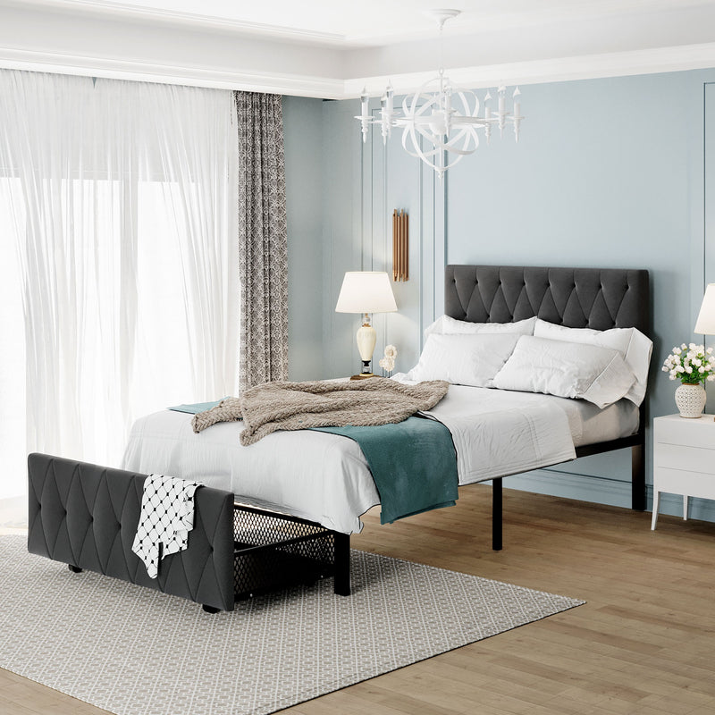 Twin Full Queen Size Storage Bed Metal Platform Bed with a Big Drawer - Beige, Gray